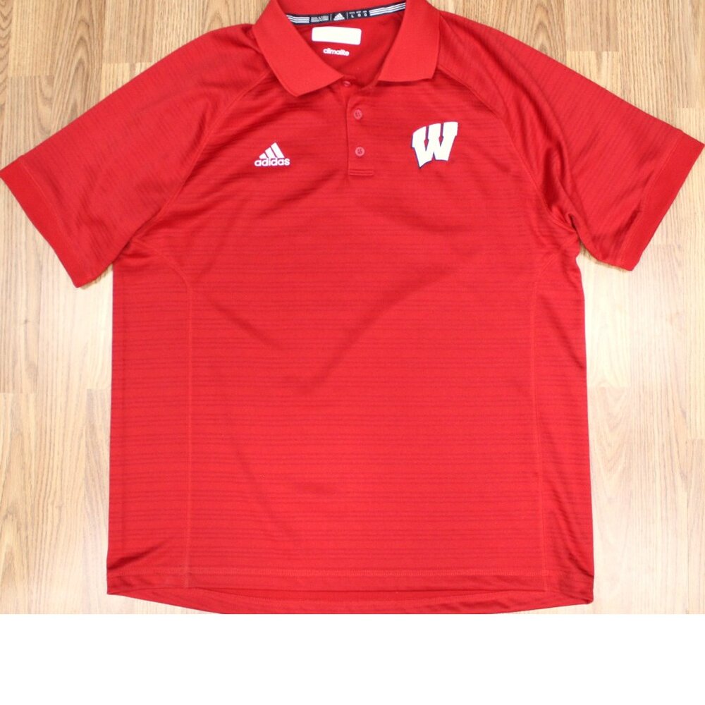 WISCONSIN BADGERS ADIDAS CLIMALITE POLYESTER POLO SHIRT Sz LARGE, L